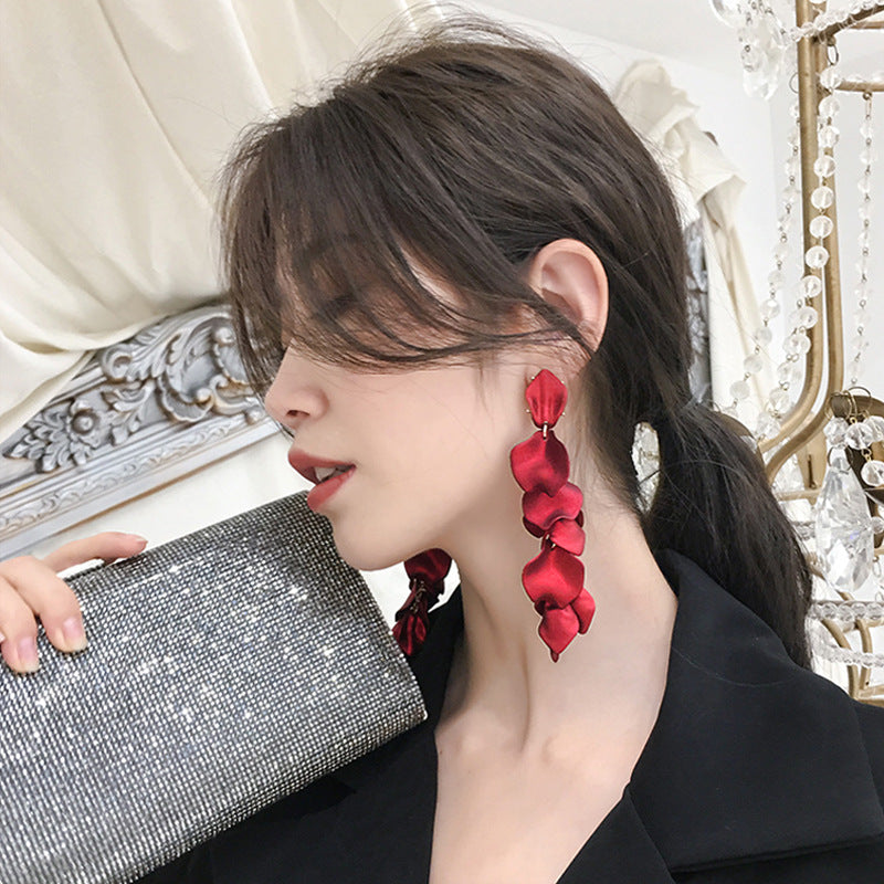 Korean S925 Silver Needle Long Rose Petal Tassel Earrings Retro Simple Exaggerated Atmosphere Internet Celebrant Flower Earrings