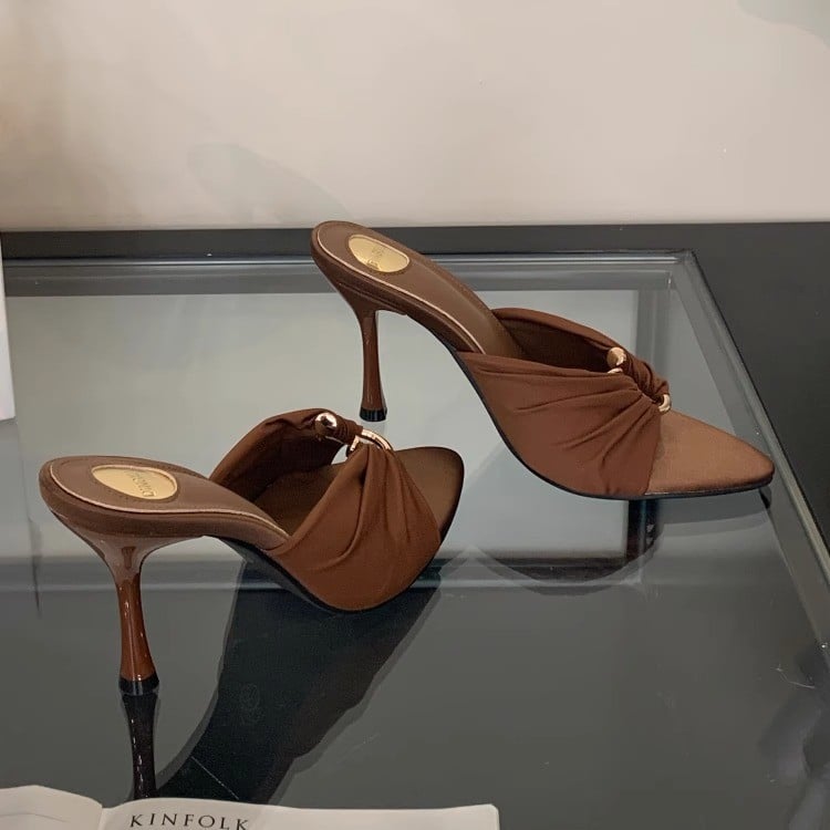 2025 Summer Fashion Open Toe Women's Shoes Royal Sister Fan Pointed Satin Sandals European and American Temperament Metal Buckle High Heels