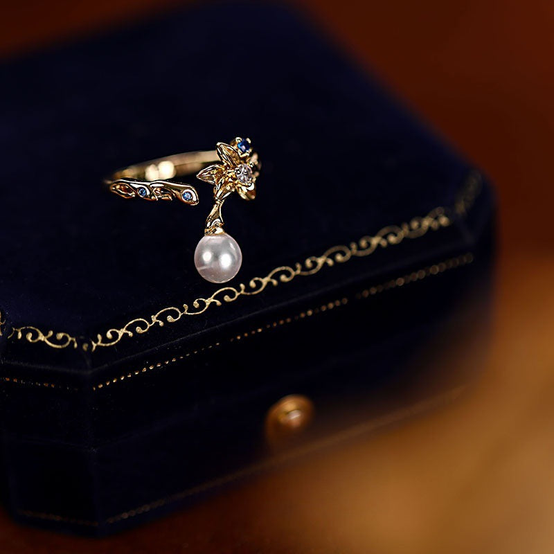 Fashionable artificial pearl zircon flower ring