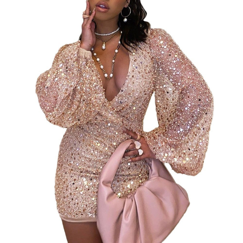 Women's Wear dress Long Sleeve V-Neck Sequin Waisted Hip Skirt