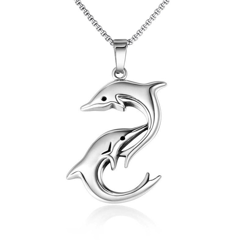 domineering double wolf head titanium steel pendant necklace
