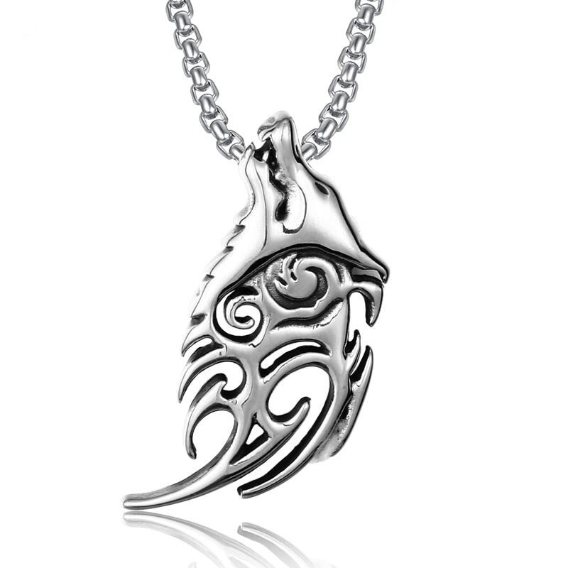 domineering double wolf head titanium steel pendant necklace
