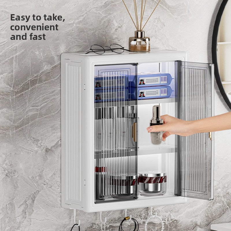 The wall of the bathroom storage cabinet