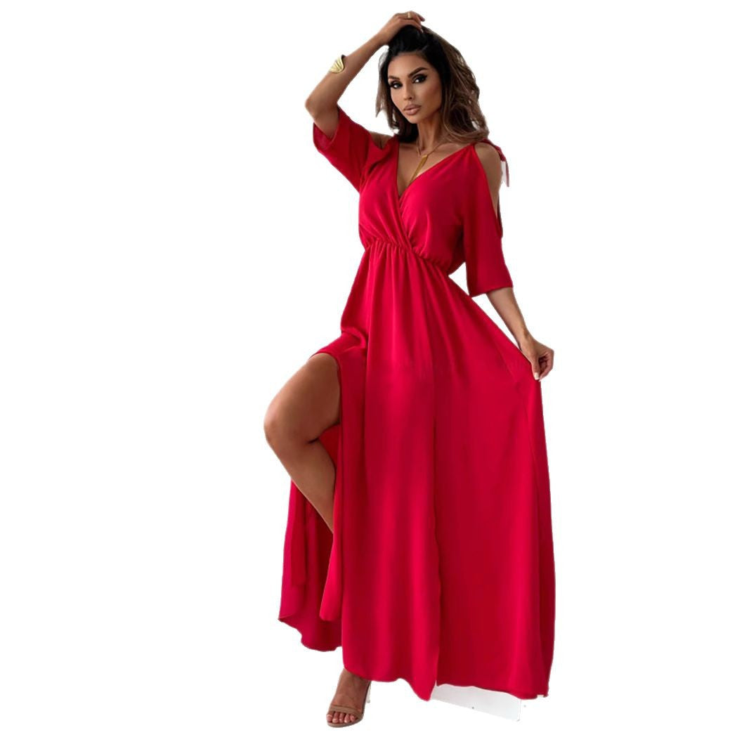 Off-Shoulder Bell Sleeve V-Neck Ruffle Split Dress