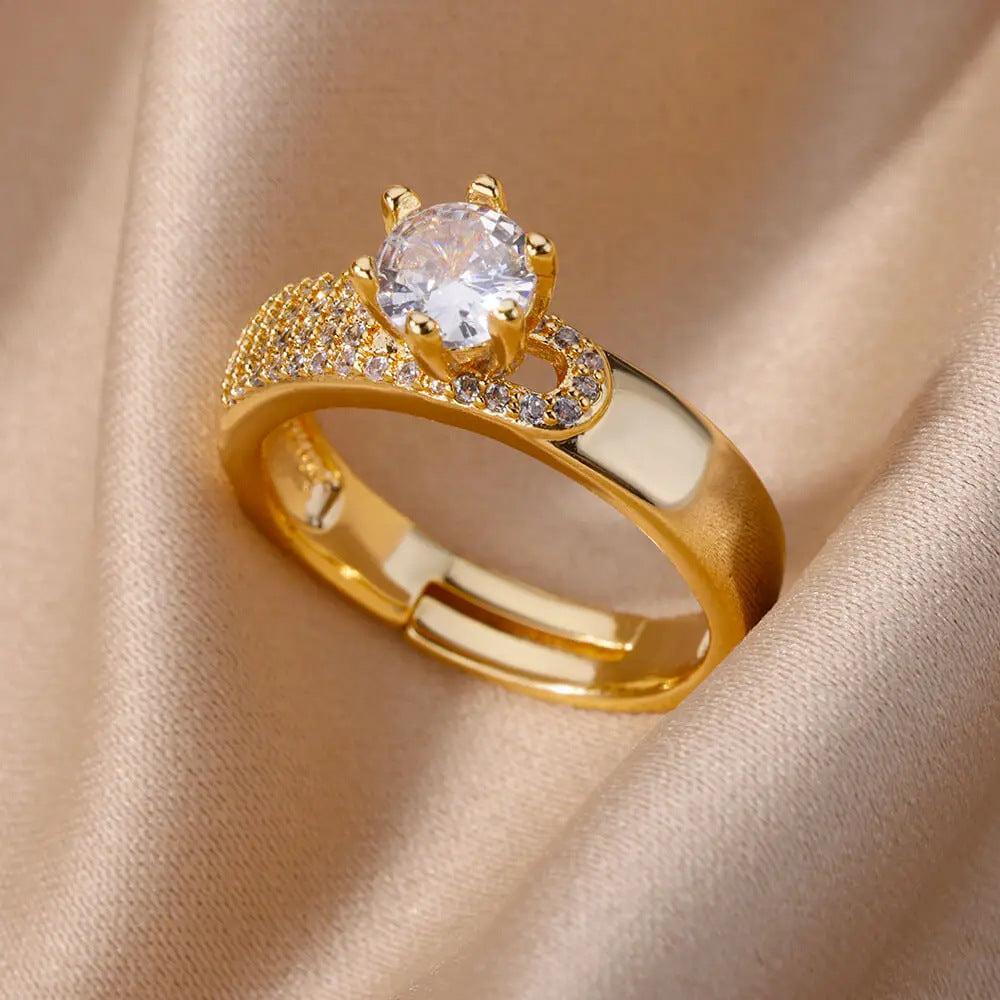 18K Gold-Plated Zircon Leaf Open Ring for Women
