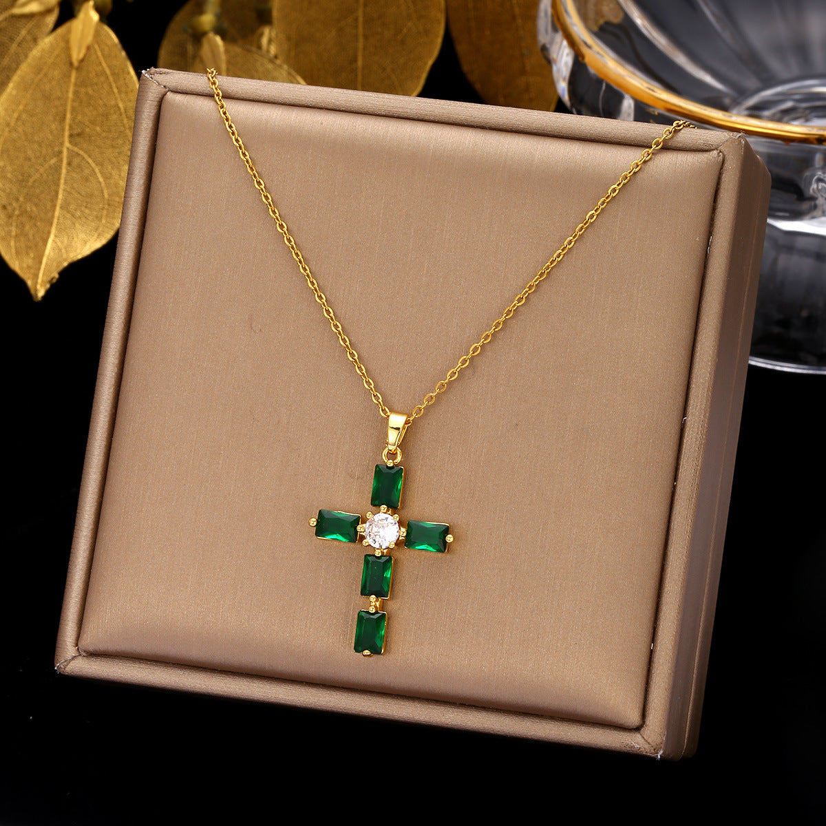 Gold Cross Necklace Set with Large Diamonds