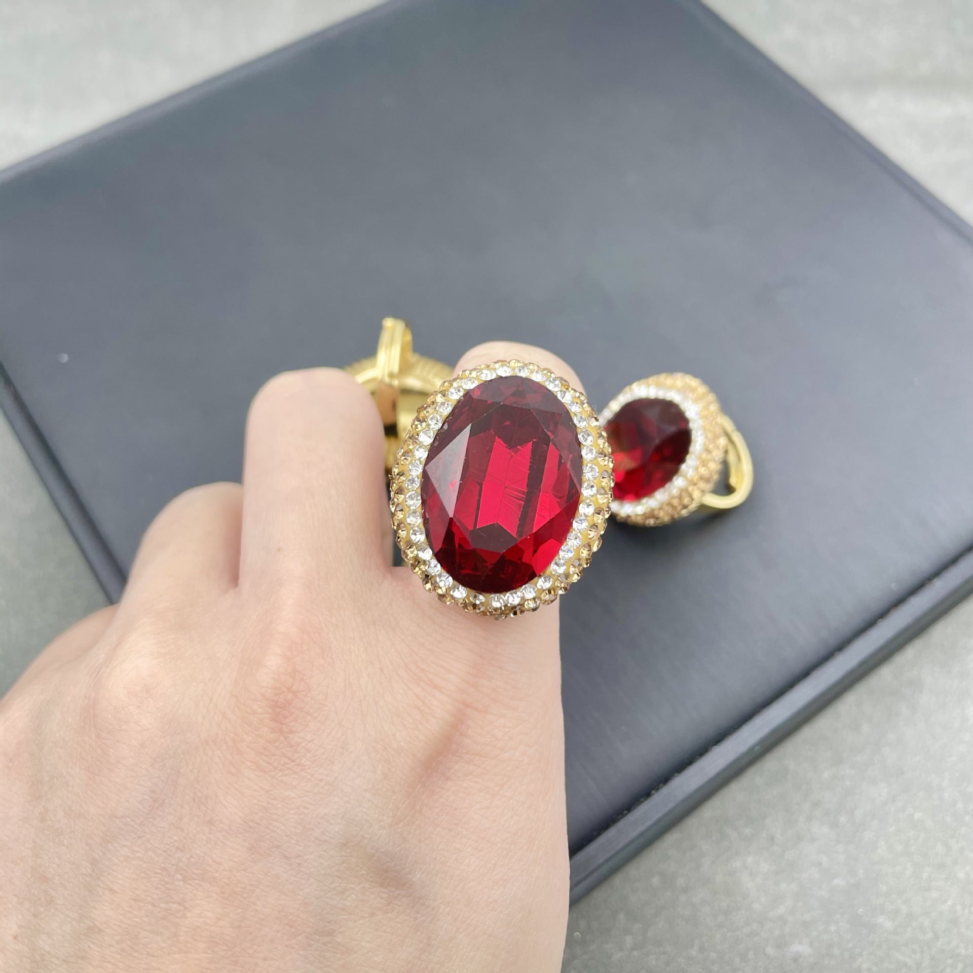 The crystal ring is emerald green