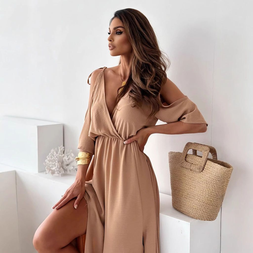 Off-Shoulder Bell Sleeve V-Neck Ruffle Split Dress
