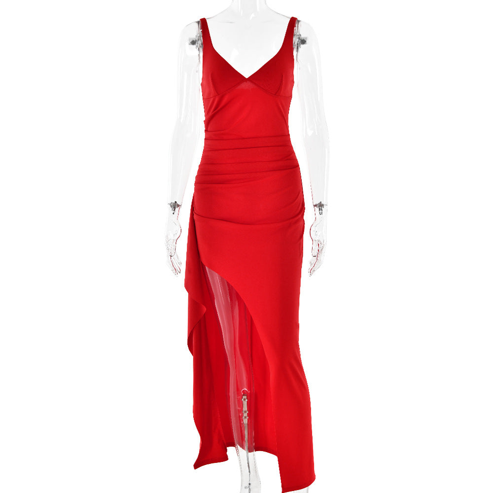A sexy halter dress with a slim fit and ruffled deep V side slit