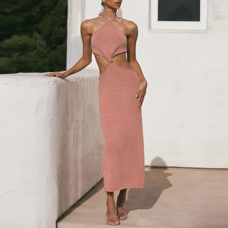 European and American Women's Summer New Hanging Neck Short Sleeve Backless Sexy Holiday Hollow-out dress A21056 Slim-fit