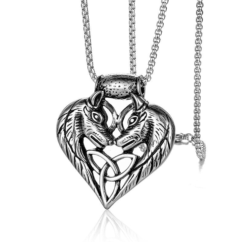 domineering double wolf head titanium steel pendant necklace