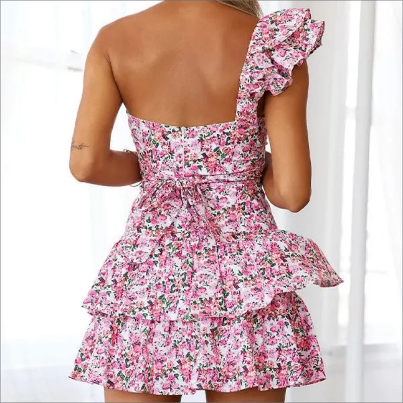 One-shoulder dress with exposed waist print