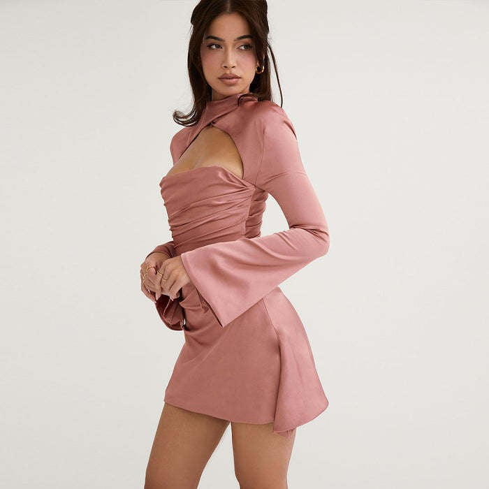 A hollowed-out one-shoulder floral dress