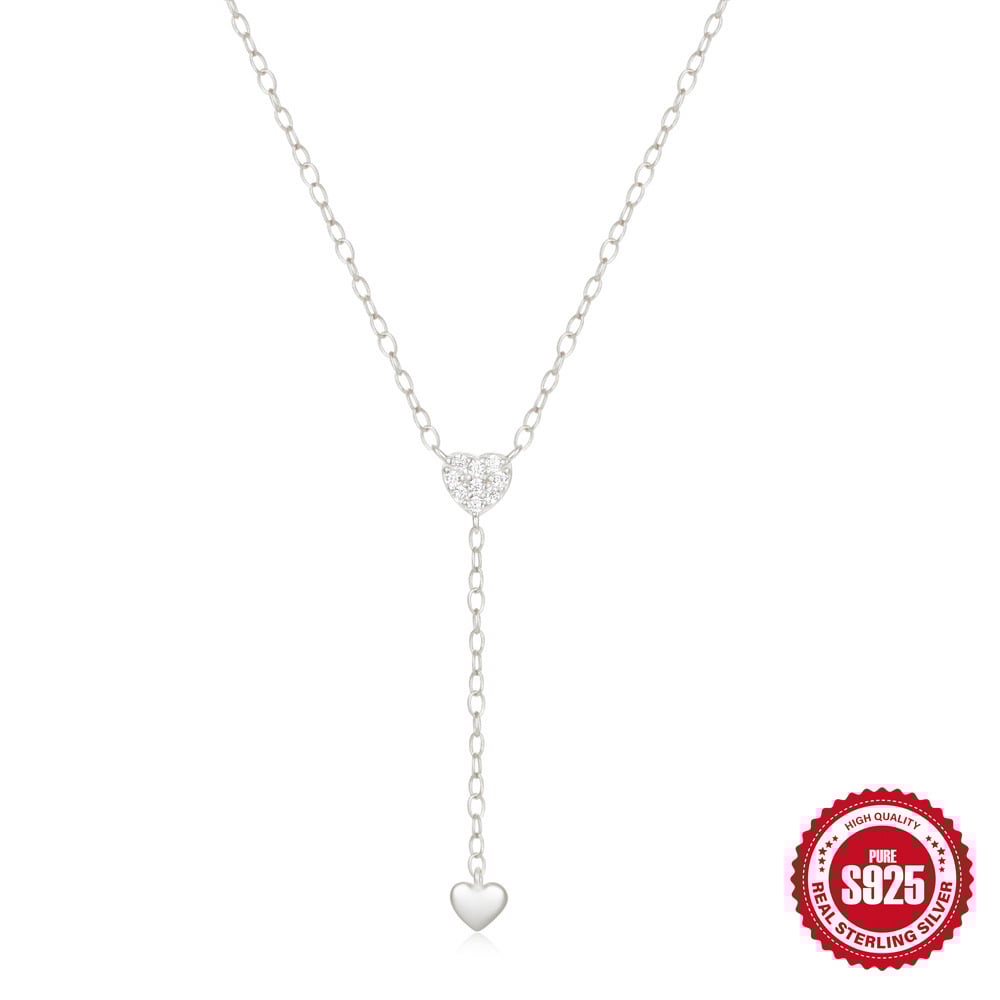Pure silver tassel Y-shaped double-heart diamond-encrusted collarbone chain, a high-end and elegant necklace accessory