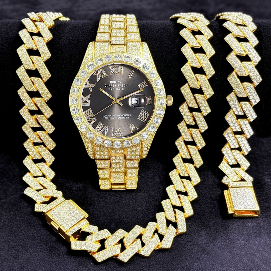 Diamond Cuban Chain Watch Bracelet Necklace Set