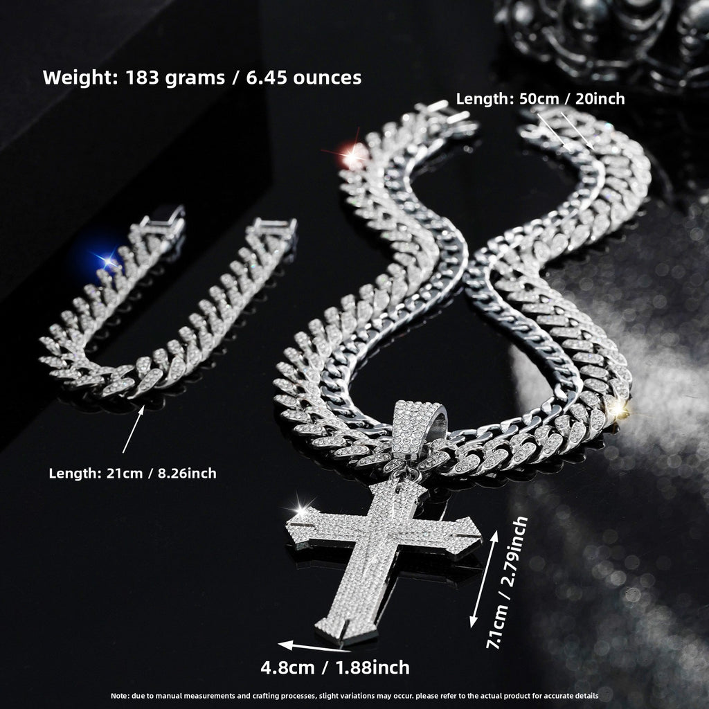 Hip Hop Cross Pendant Necklace and Bracelet Set