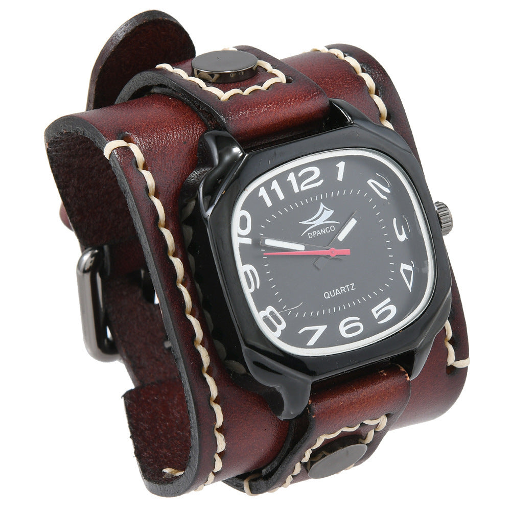 Men's Retro Leather Quartz Watch with Alloy Buckle