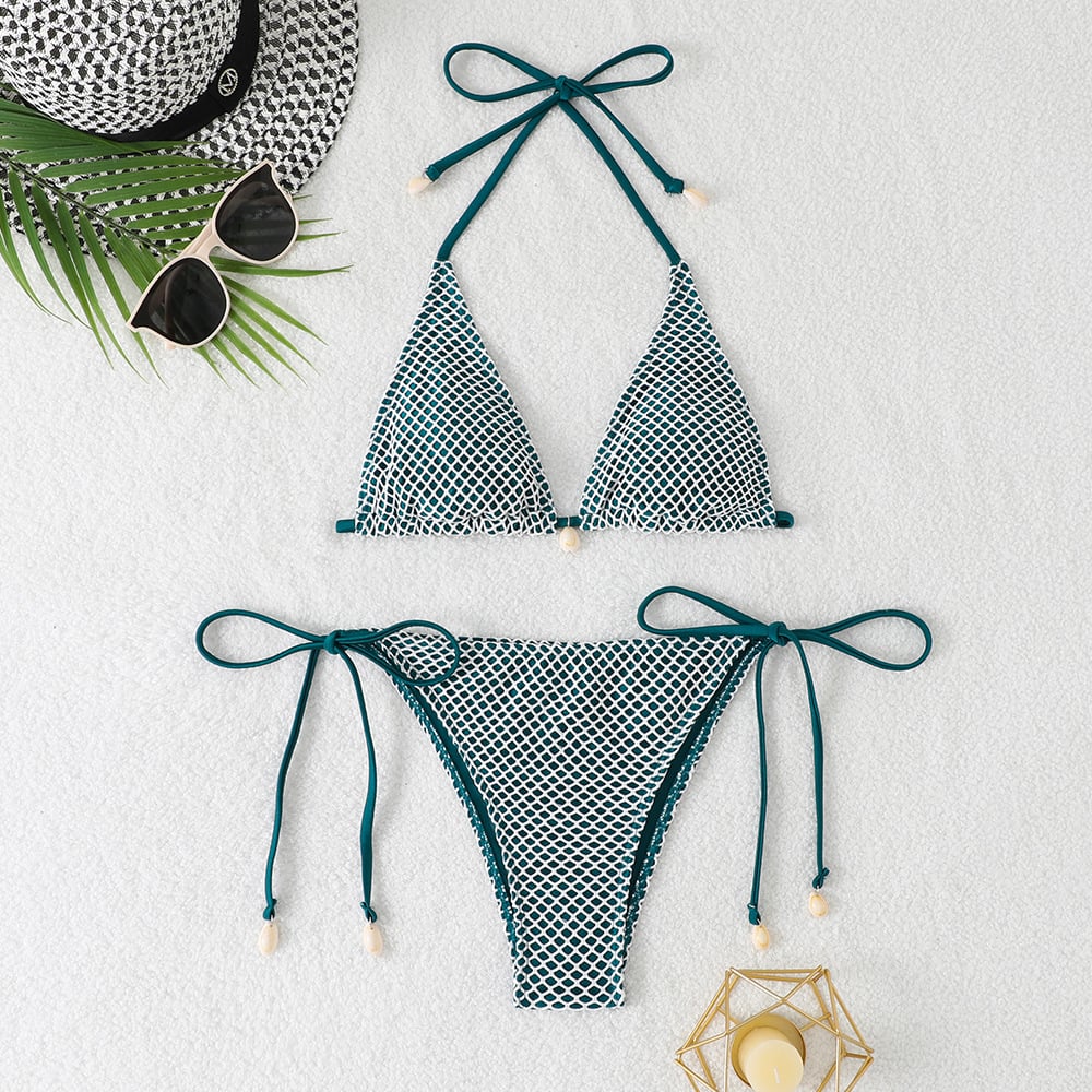 Cross-border 2025 foreign trade split bikini three-point hanging neck lace-up swimsuit fashion backless small chest gathered swimsuit