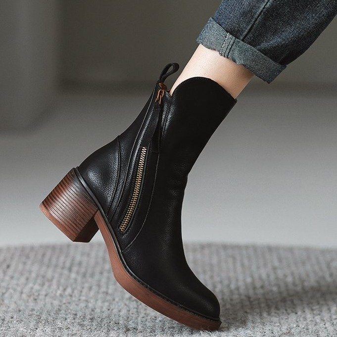 Women's British Style Side Zipper Low Heel Martin Boots