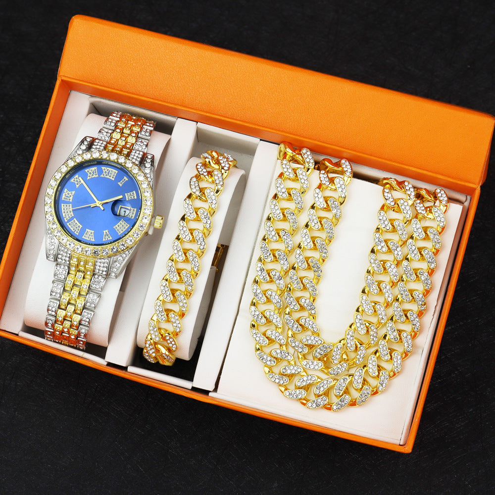 Hip Hop Quartz Watch with Cuban Bracelet and Necklace Set