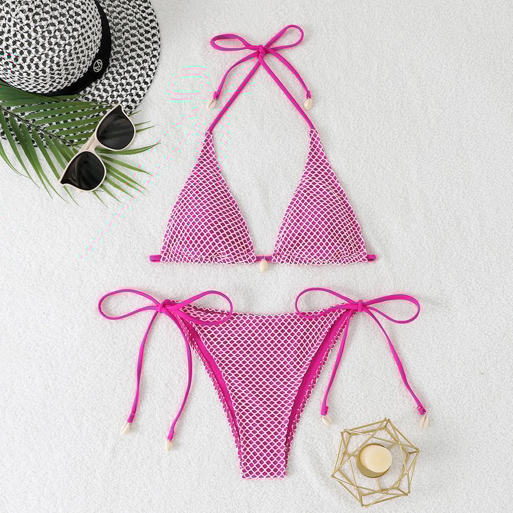 Cross-border 2025 foreign trade split bikini three-point hanging neck lace-up swimsuit fashion backless small chest gathered swimsuit