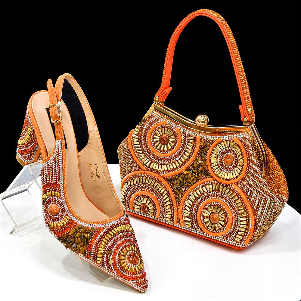 Rhinestone high-heeled pointed-toe sandals and an irregular-shaped handbag