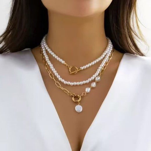 Long Round Bead Chain Layered Necklace with OT Buckle
