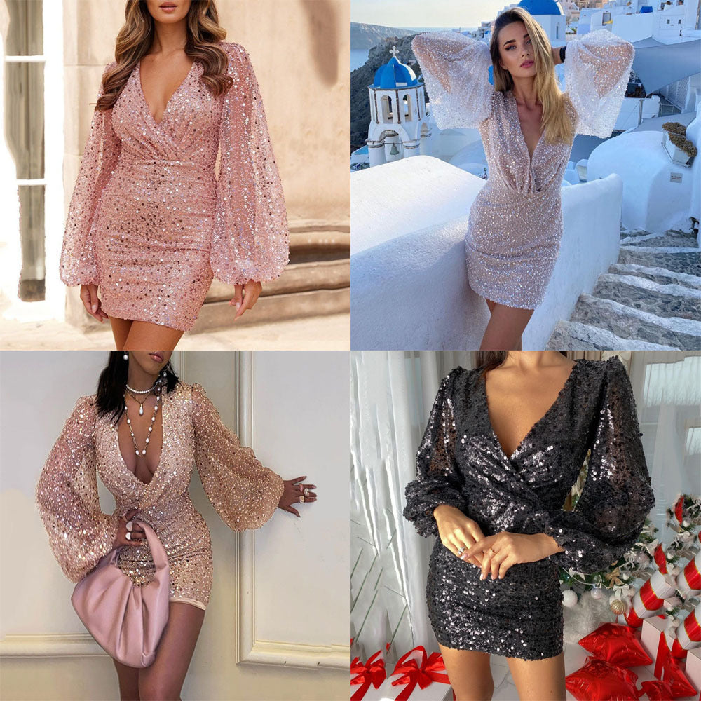 Women's Wear dress Long Sleeve V-Neck Sequin Waisted Hip Skirt