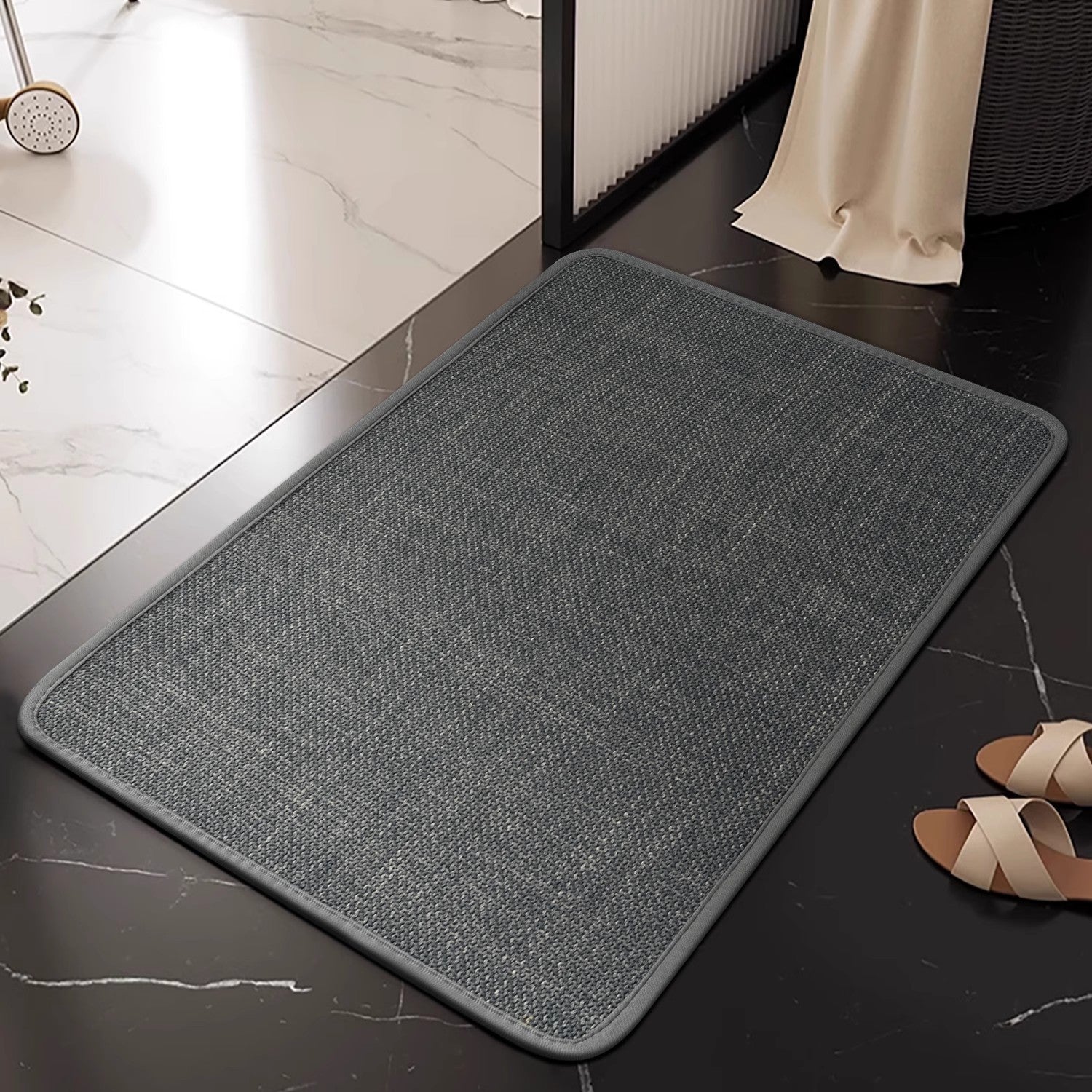 Linen floor MATS are placed in the bathroom