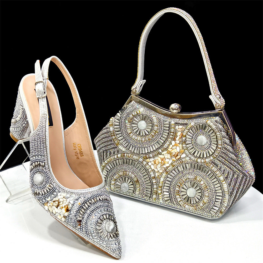 Rhinestone high-heeled pointed-toe sandals and an irregular-shaped handbag