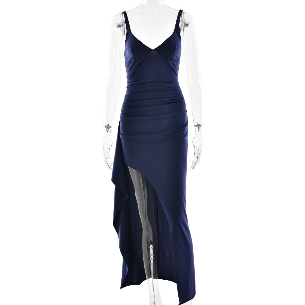 A sexy halter dress with a slim fit and ruffled deep V side slit