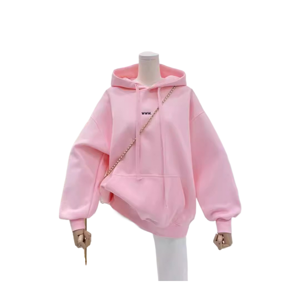 A loose pink hooded sweatshirt for women