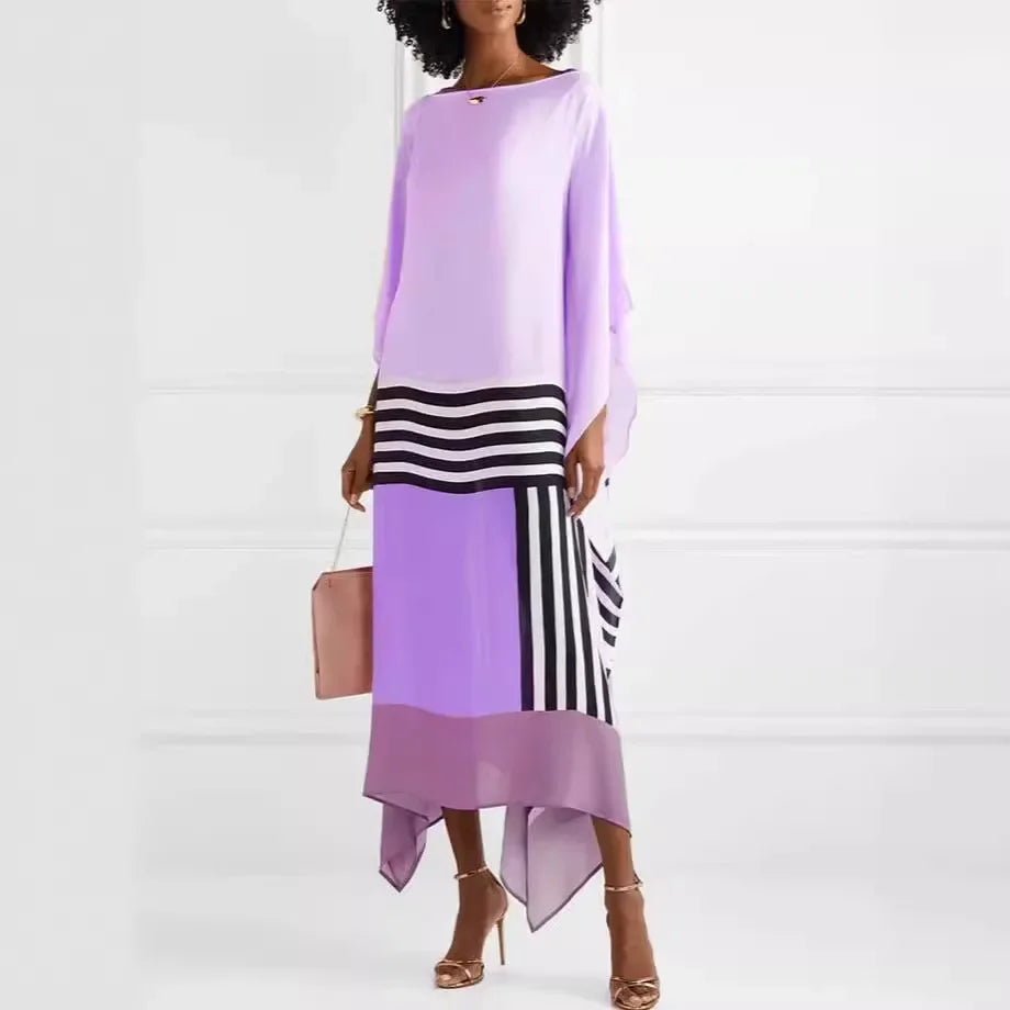 Comfortable and fashionable solid-color printed casual off-the-shoulder long dress