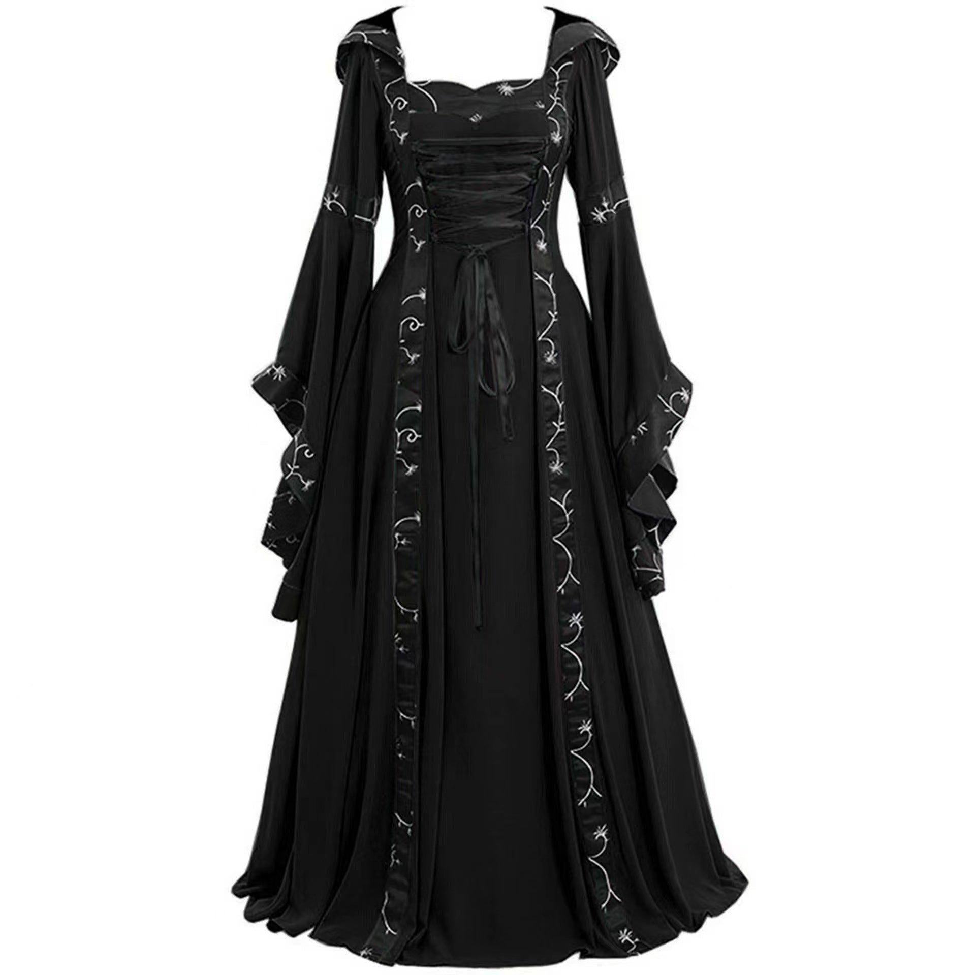 Retro hooded dress with square neckline, drawstring hem and flared sleeves, long skirt
