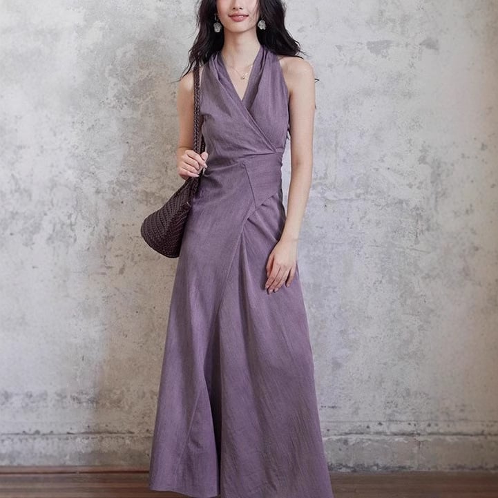 A stylish purple V-neck halter-neck long dress with a lace-up design for women