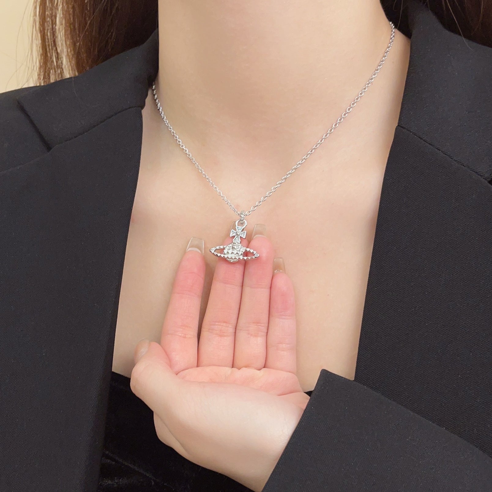 Saturn Diamond Accent Clavicle Necklace