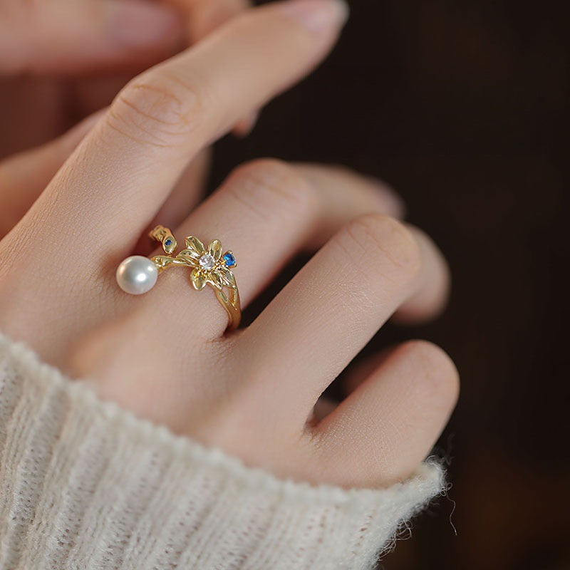 Fashionable artificial pearl zircon flower ring