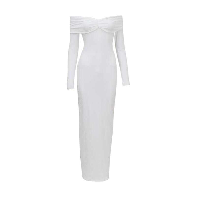 Solid-color sexy French one-shoulder strapless long-sleeved spring and autumn women's dress with pleated and elegant style