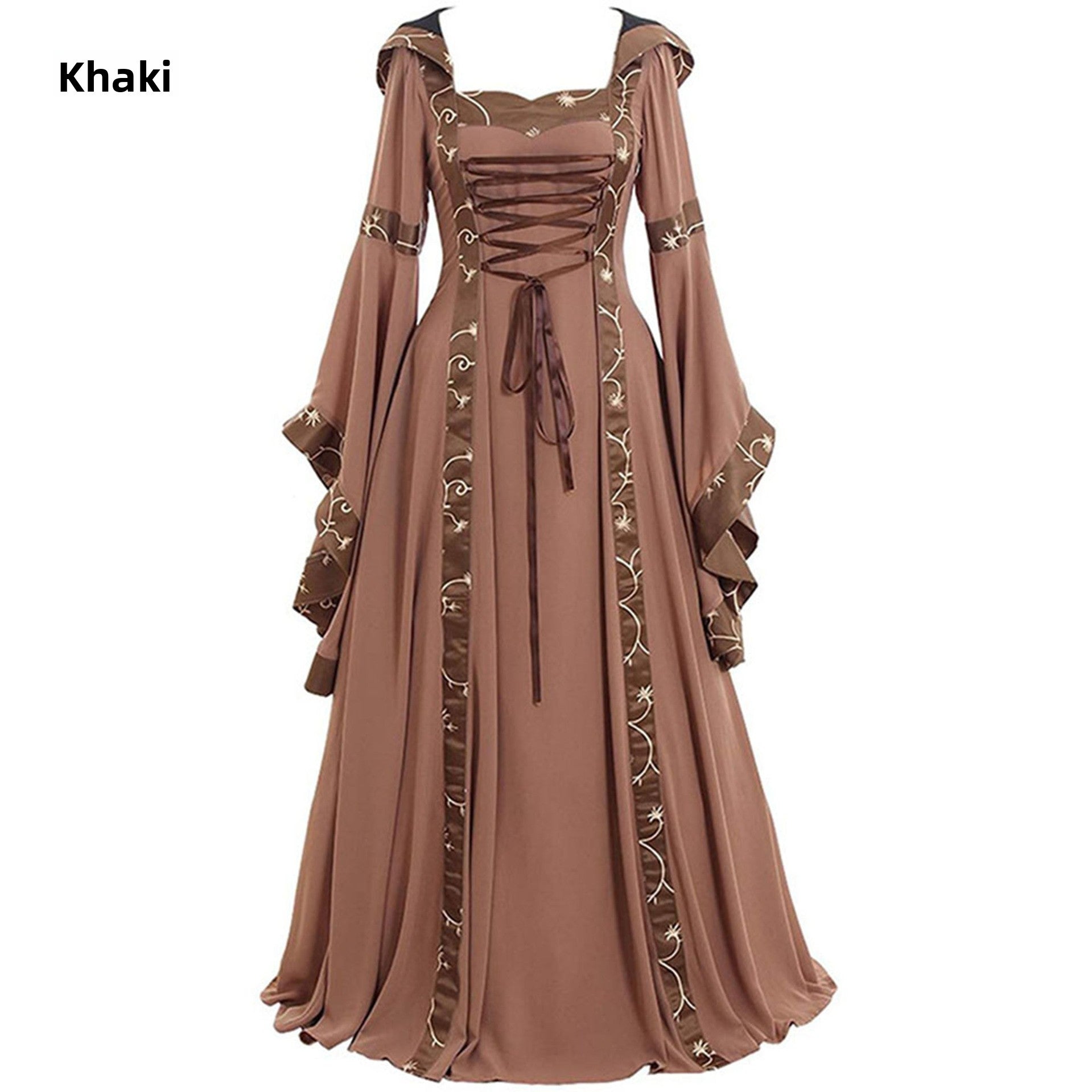 Retro hooded dress with square neckline, drawstring hem and flared sleeves, long skirt