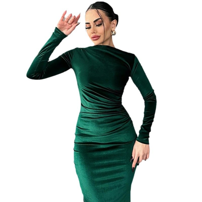 Solid-color fitted pleated round-neck long-sleeved dress