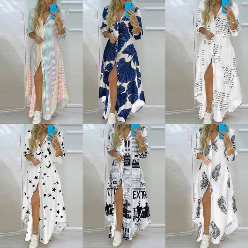 Printed single-breasted slit shirt dress