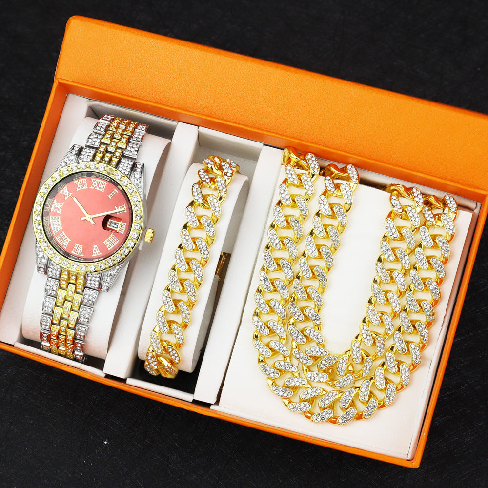 Hip Hop Quartz Watch with Cuban Bracelet and Necklace Set