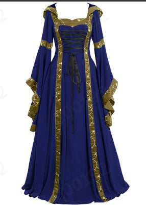 Retro hooded dress with square neckline, drawstring hem and flared sleeves, long skirt