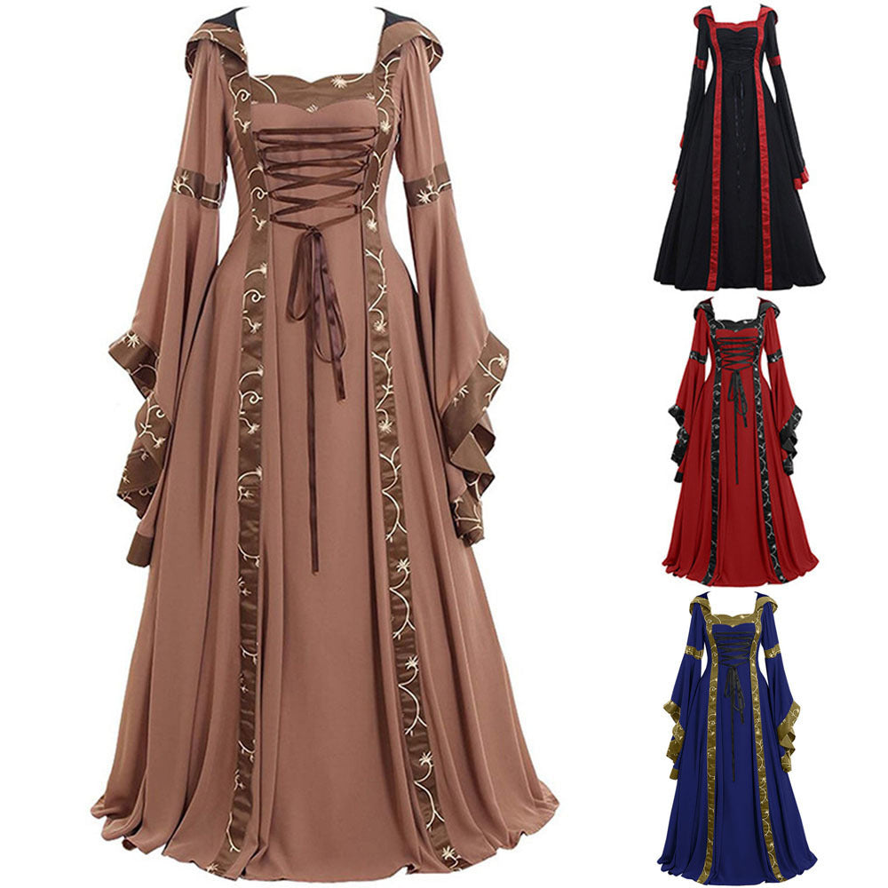 Retro hooded dress with square neckline, drawstring hem and flared sleeves, long skirt