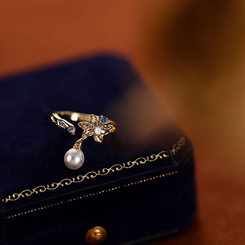 Fashionable artificial pearl zircon flower ring