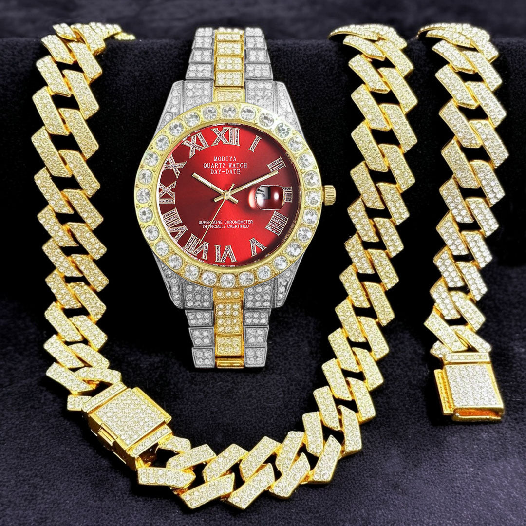 Diamond Cuban Chain Watch Bracelet Necklace Set