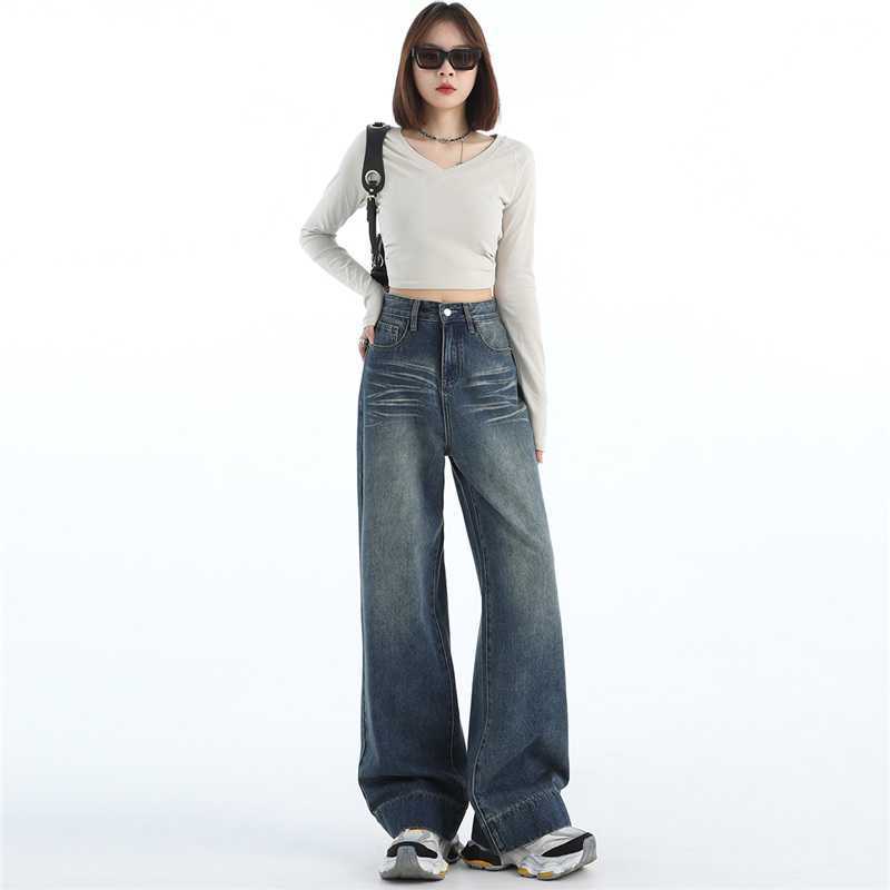 American Retro Wide Leg High Waist Washed Jeans