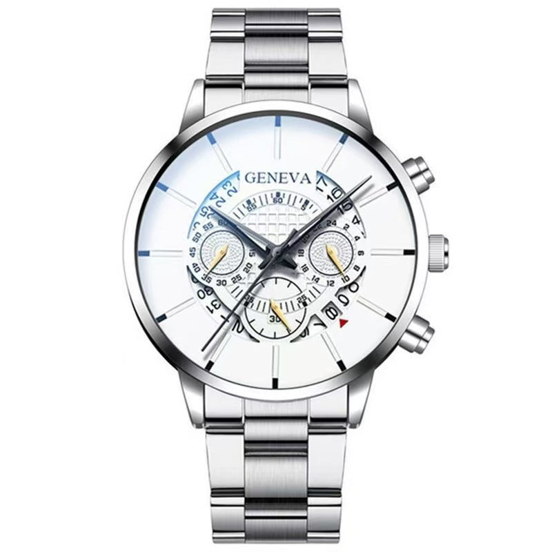 Geneva Men's Quartz Watch with Calendar - Sporty Steel Band