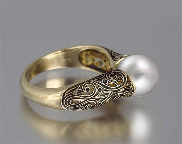 14K Gold-Plated Retro Pearl Ring ? Inlaid Faux ABS Pearl Silver Jewelry