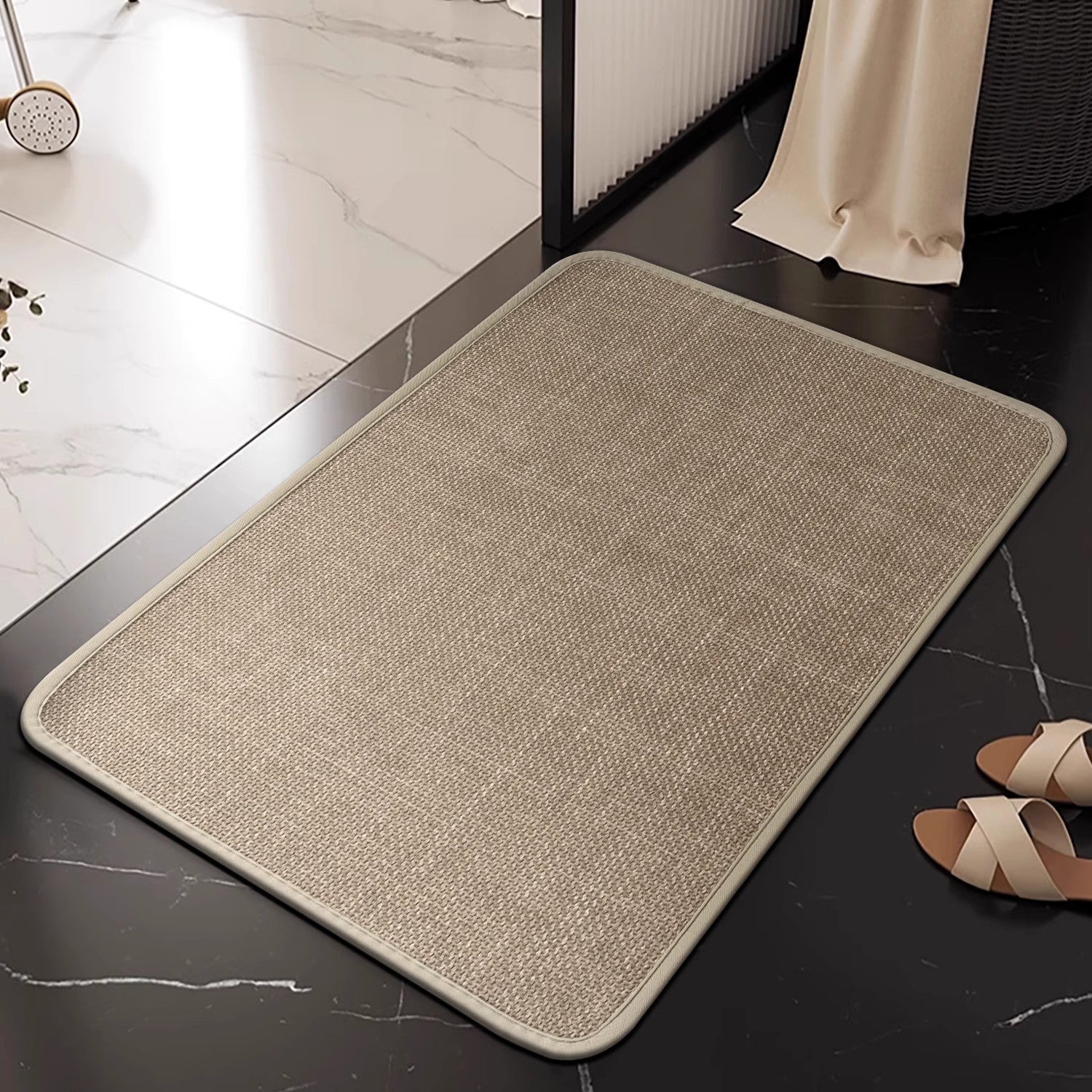 Linen floor MATS are placed in the bathroom